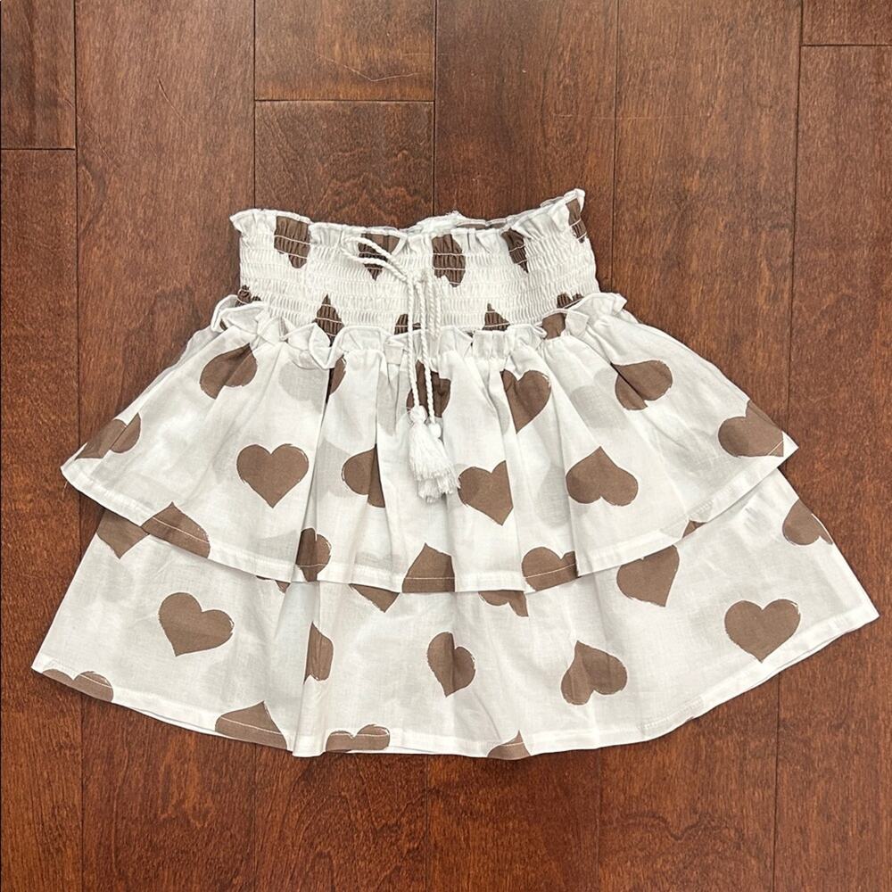 EMC White Tiered Skirt with Brown Heart Pattern, Size 7
